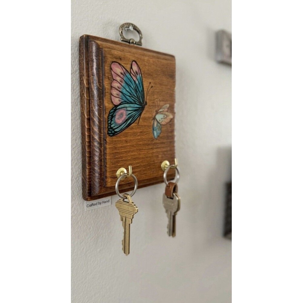 Vintage Wooden Key Holder With Butterfly Design 70s MCM 4.5”x3.5”